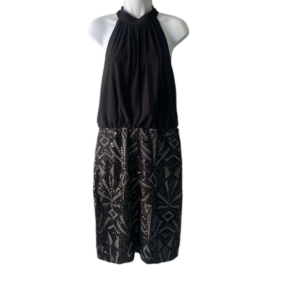 Vince Camuto Black Sequin Sleeveless Cocktail Dress Size 10 Blouson Halter - Picture 1 of 14